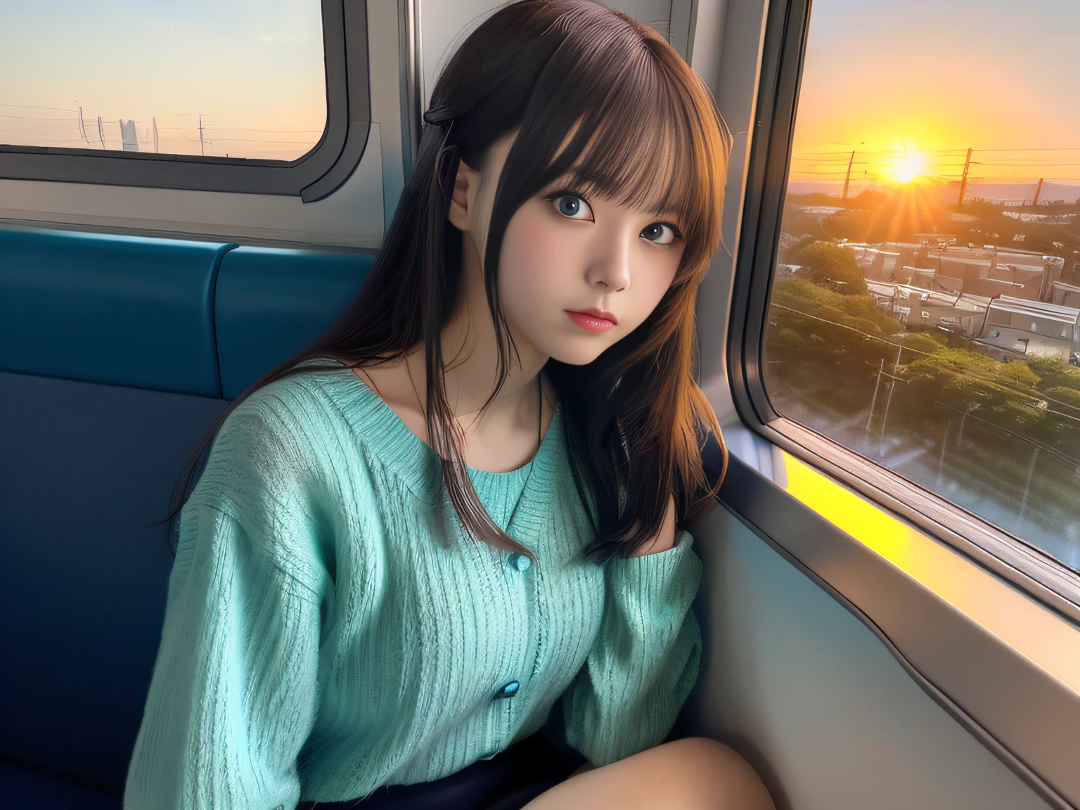 Anime girl sitting on train looking out window, Beautiful Anime Portrait, lofi portrait at a window, Beautiful anime girl, lofi portrait, lofi-girl, Portrait Anime Girl, artwork in the style of guweiz, high quality portrait, with sunset, charming anime girls, Cute anime girl, realistic cute girl painting, Anime style. 8K