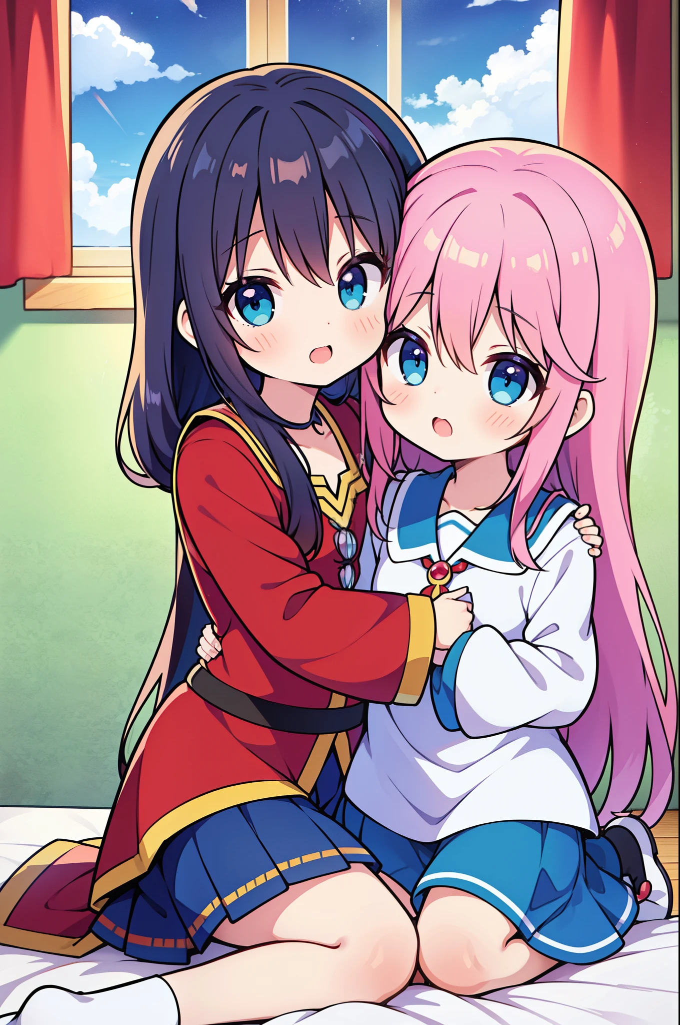 anime characters hugging each other on a bed with a window in the background, night core, duas lindas garotas de anime, Melhor Avaliado em Pixiv, vermelha e azul, azul e vermelha, Aqua Megumin, garotas do anime Konosuba, Pixiv, Estilo anime 4K, Ciano e Magenta, anime moe artstyle, trending on pixiv, Mikudayo
