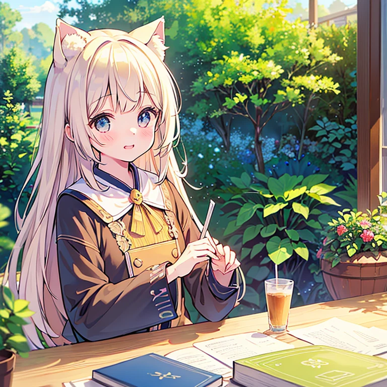 (a cute girl:1.1,beautiful detailed eyes:1.1,beautiful detailed lips:1.1,extremely detailed eyes and face:1.1, long eyelashes:1.1) with (rainbow-colored hair) with cat ears. sitting at a table studying and writing on a book. (Looking at the book). (Anime girl) (in a cafe). A (cup of coffee) on the table. (Studio Ghibli style). (Vibrant colors:1.1), (dreamy atmosphere), (soft lighting), (detailed background:1.1), (cozy ambiance), (magical elements), (subtle magical creatures), (lush foliage), (whimsical decor), (warm and inviting feel), (lively and cheerful mood). (best quality,4k,8k,highres,masterpiece:1.2),ultra-detailed,(realistic,photorealistic,photo-realistic:1.37). 

Be aware of：
- Passing criteria have been met，The standards for literary and artistic paintings have been completed。
- The above is the complete prompt in a stable diffusion assistant model，You can copy and paste this directly into the environment where you want to generate the image using Stable Diffusion。