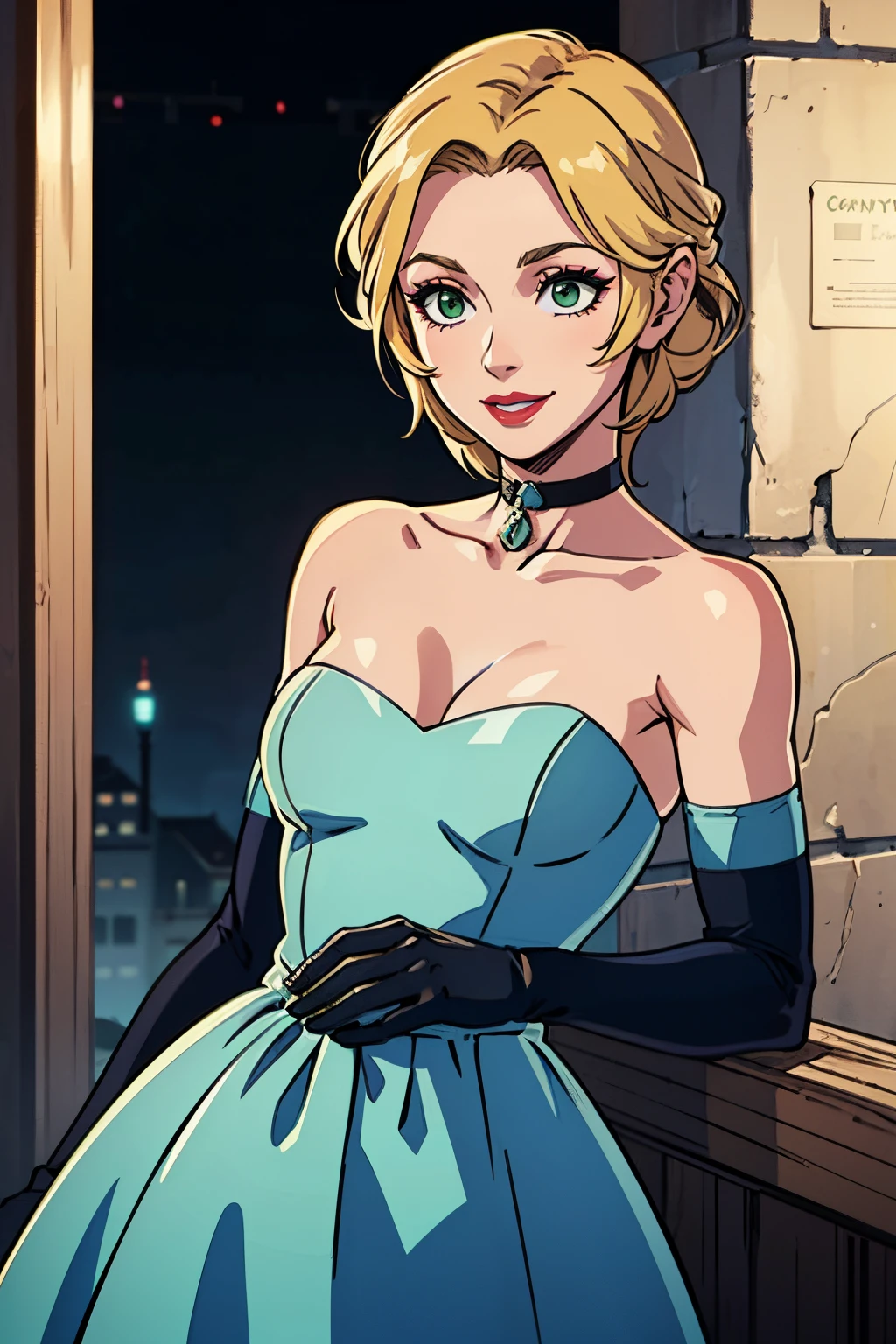 ingrid_timeskip, green eyes, light blue dress, strapless dress, long white elbow gloves, smile, light red lipstick, dark purple eye shadow, makeup, black choker, cowboy shot