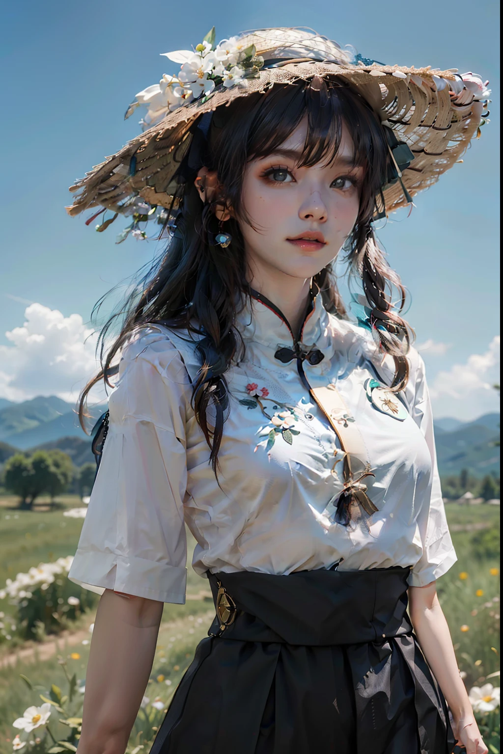 《genshin impact》hu tao, white backgrounid, leisure wear, Casual T-shirt, Cute pose, large grassland, Beautiful woman in a sun hat standing on the prairie, large clouds, blue-sky, lucca, at a forest, hillside, secluded, tourist attraction, High definition details, hyper-detailing, Cinematic, ultra-realistic realism, gentlesoftlighting, Deep field focus bokeh, Ray tracing and surrealism. --v6