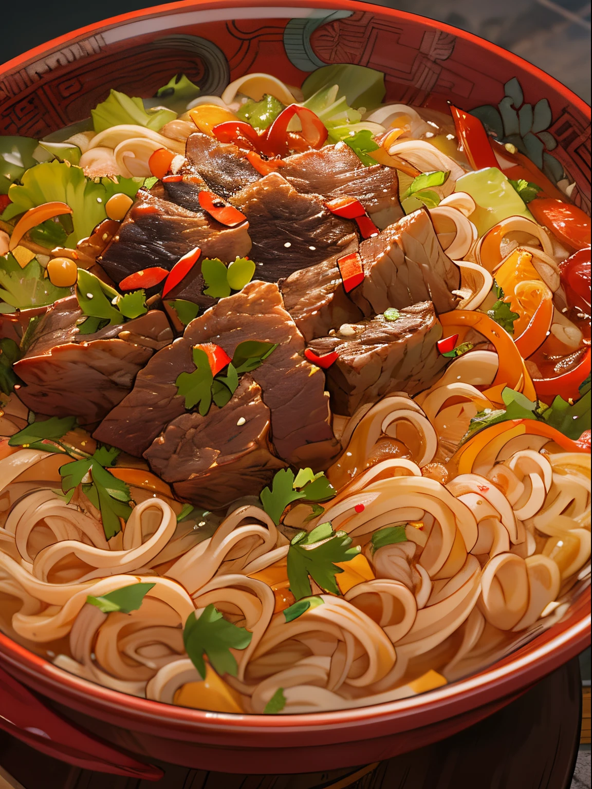 A close-up of a bowl of Chinese noodles with beef in it, in the style of colorful animation stills, sci-fi anime, dark red and dark amber, qian xuan, organic sculpting, accurate and detailed, animecore ,32k uhd, best quality, masterpiece, super detail, high details