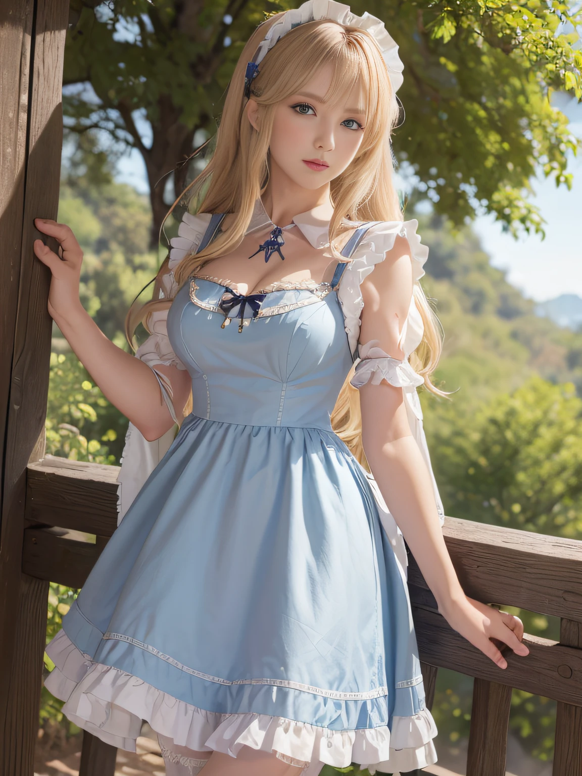 ((masuter piece)), ((Best Quality)), ((hight resolution)), ((Detailed background)), ((the Extremely Detailed CG Unity 8K Wallpapers)), Solo, Ziona, Blonde hair, Long hair, Blue eyes, Hair Tuft, cowboy  shot, Outdoors, ((maid clothes))