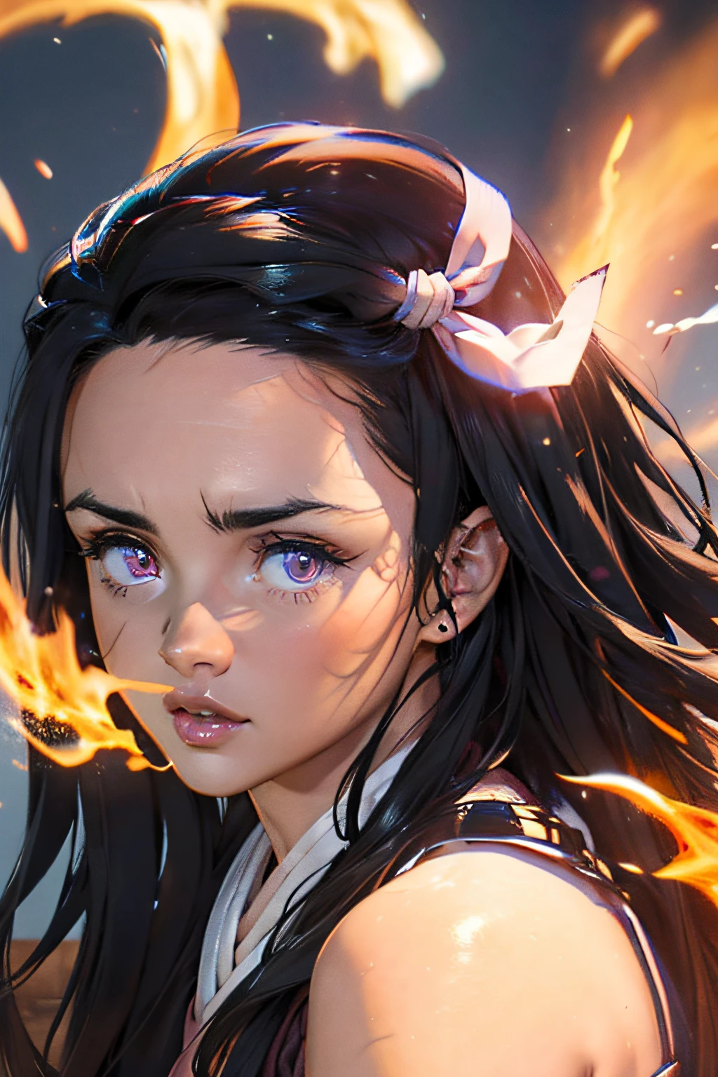 (Ultra Real), (Illustration), (High Resolution), (8K), (Very Detailed), (Best Illustration), (Beautiful Detailed Eyes), (Best Quality), (Ultra Detailed), (Masterpiece), (Wallpaper), (Detailed Face), Night Up Upper Body, ,Long Hair,Solo,Simple Kimono Top Girl, Sweaty, Japan Person, Big Tits, (fire) Nezuko Kamado,
