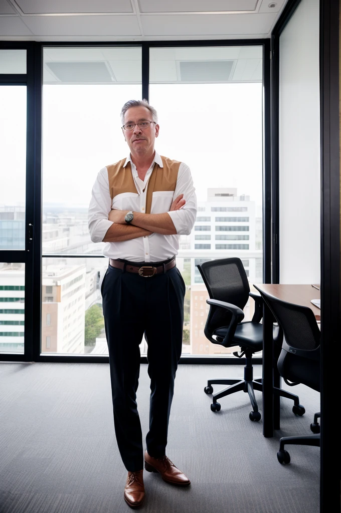 portrait of a father，wearing brown shirt，White vest，Black trousers，leaning against the window，White Europeans and Americans，brunette color hair，office backdrop，Erlang legs，leather shoes，Designer belt。Film