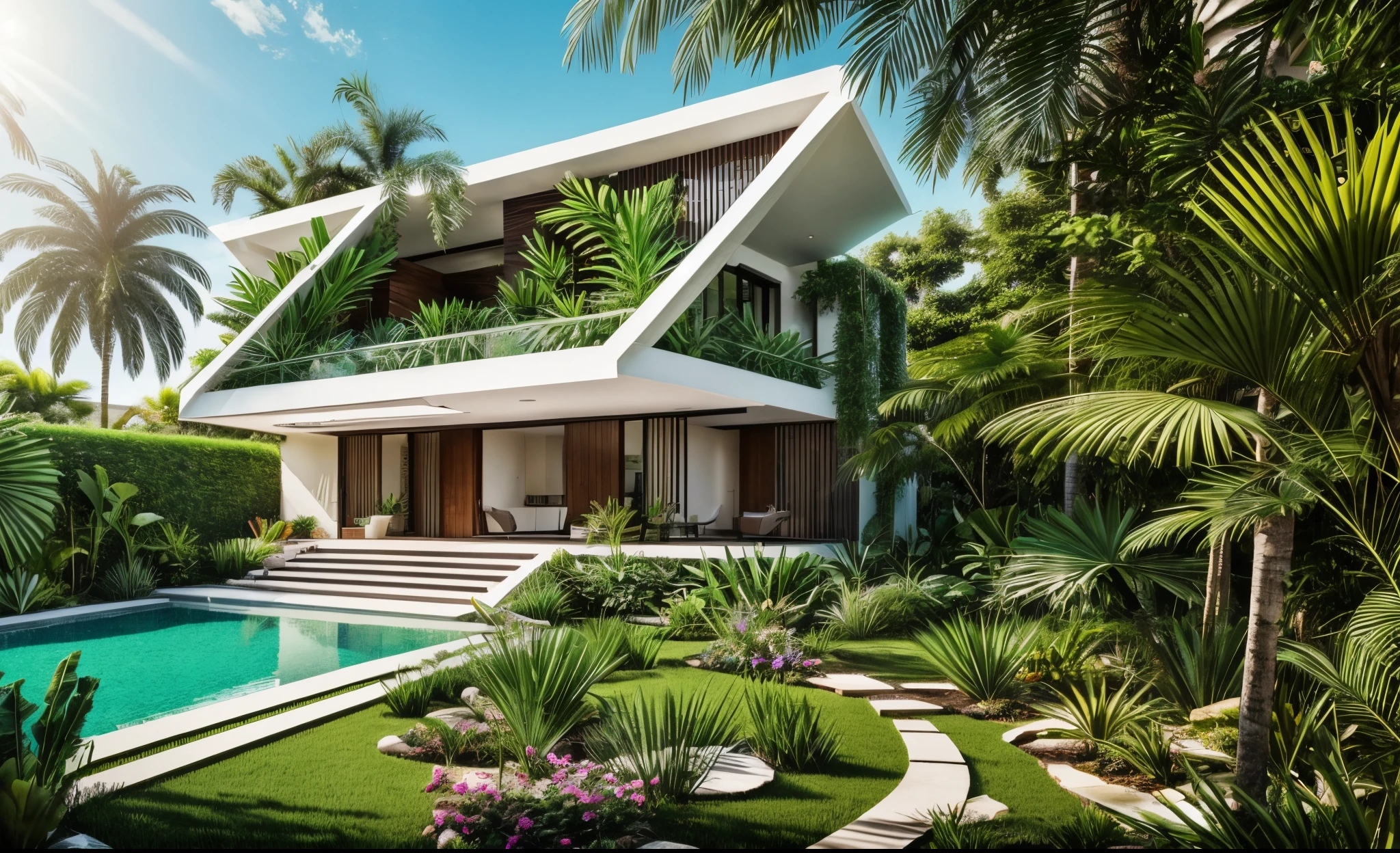 Exterior of house in a garden, tropical tree and plant, contemporary style, masterpiece, high quality, daylight, sunny