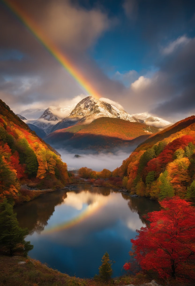 unknown mountain、Mysterious mountain、Mysterious mountain、suspicious mountain、Seven colored autumn leaves、Shining autumn leaves、Beautiful autumn leaves、Beautiful mountains、Dramatic、Rainbow clouds、