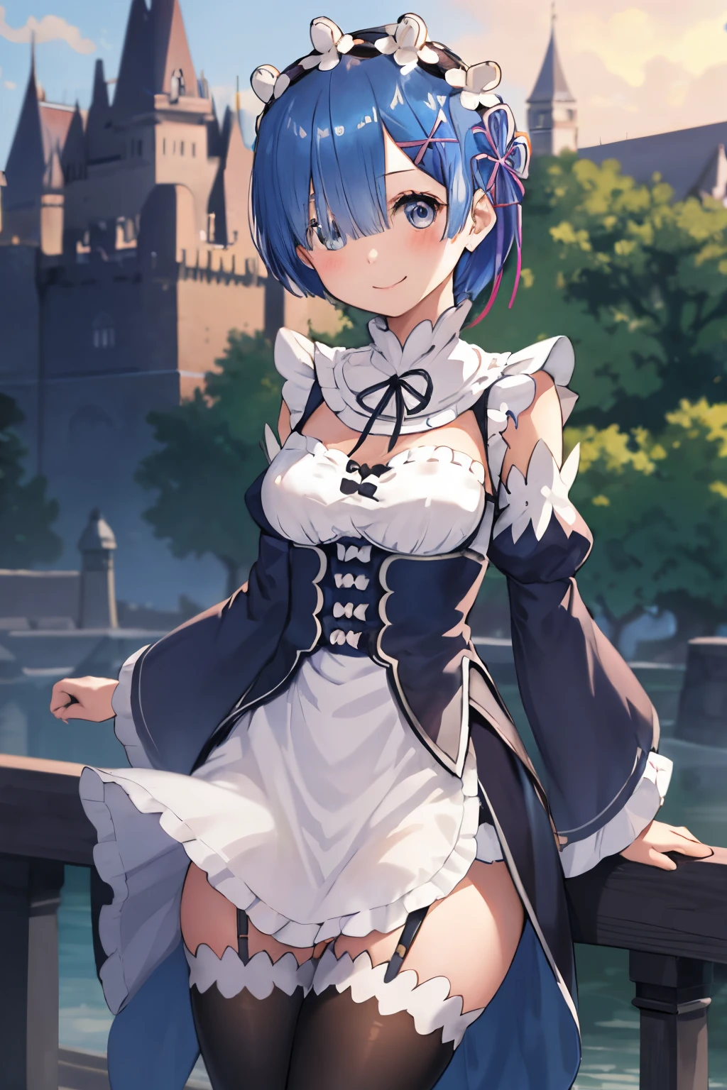 blue hair, rem \(re:zero\), [smile], 1girl, alone, blush, castle,, masterpiece, best quality, perfect lighting, 1girl, skirt, medium breasts,, wide thighs, medium waist