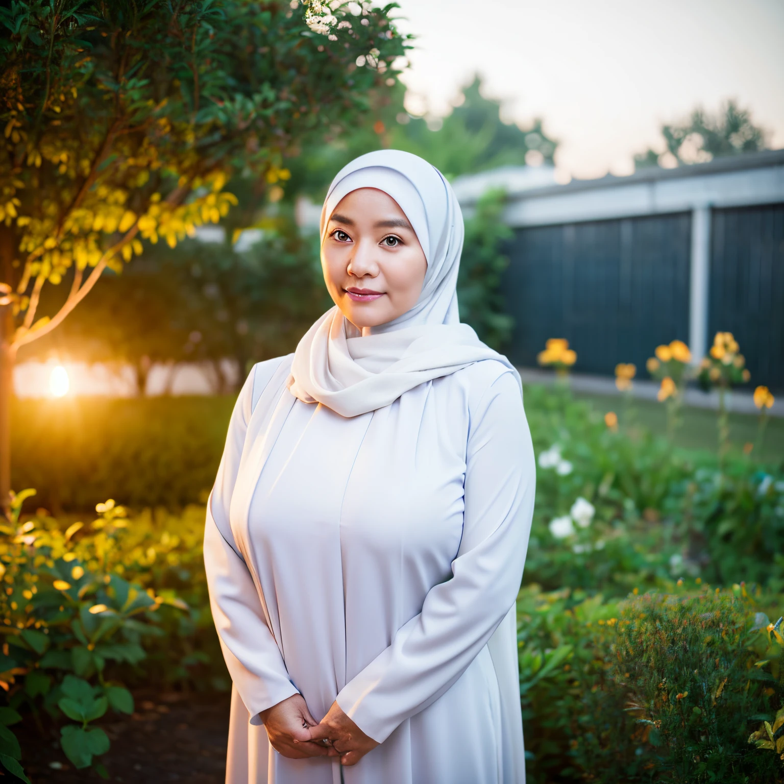 58-Years-Old,Female Teacher, Hijab Beautiful Indonesian Mature Woman, Wearing Tight Gamis,White Porcelain Skin, Realistic Ultra-Droopiest gigantic breast : 27.9, at school garden, nighttime.