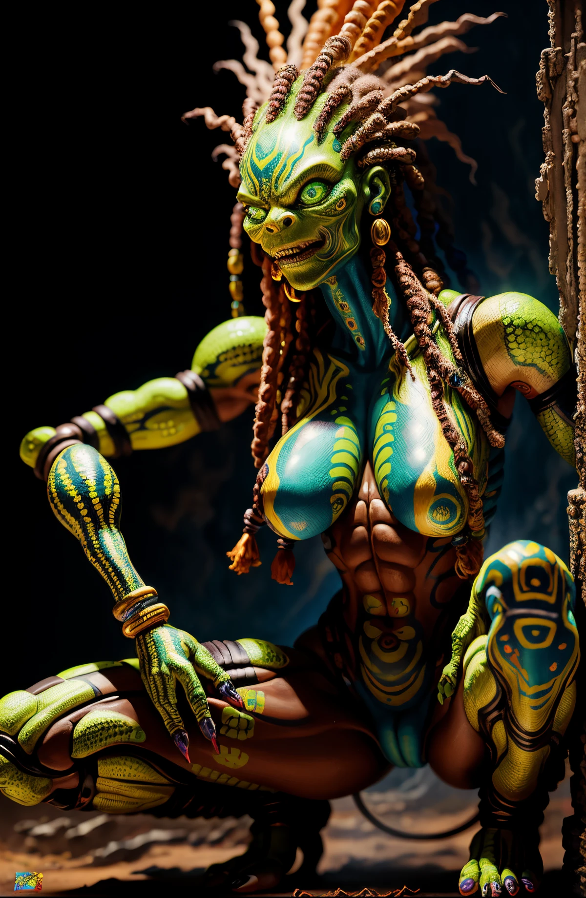 woman with dreadlocks, squatting over a camera, painted action figure, extreme detailed face and body, hand painted textures on model, hot reptile humanoid woman, predator alien, airbrush painted, goddess. extremely high detail, extremely detailed goddess shot, detailed face and body, dripping sweat