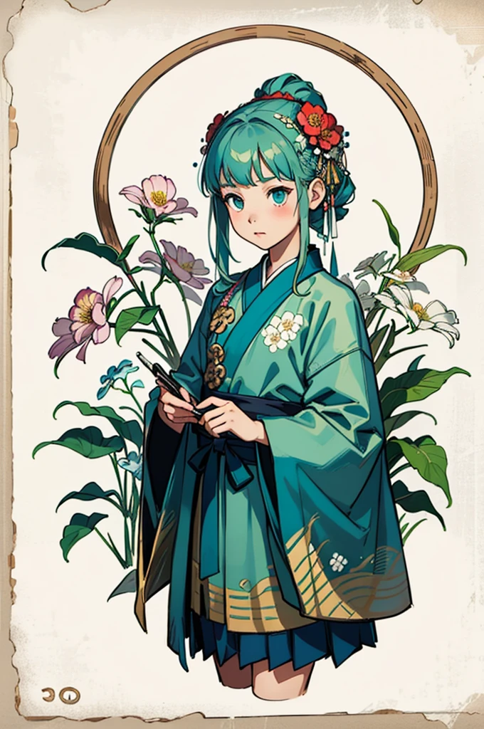 A two-dimensional girl is drawing,Lingnan cyan ancient costume,Innocent,Simple,There is a pattern of flowers on the clothes,planar