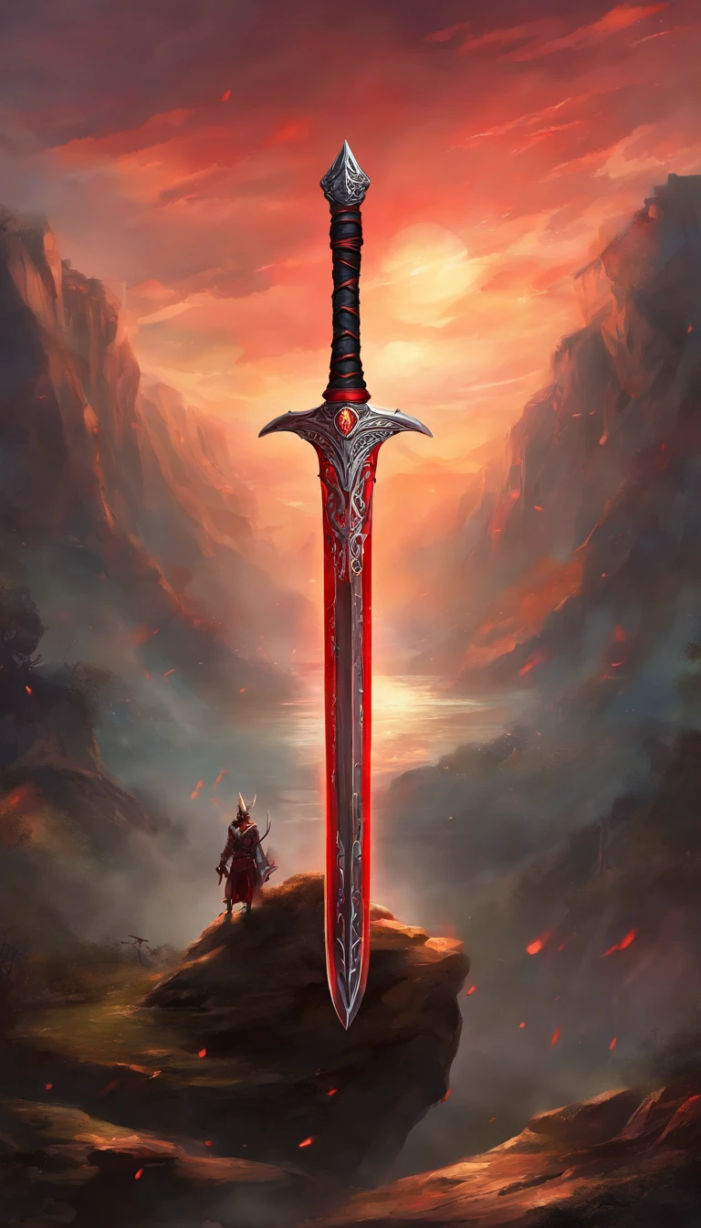 a large legendary sword with demonic details, black blade, red glowing runes,
