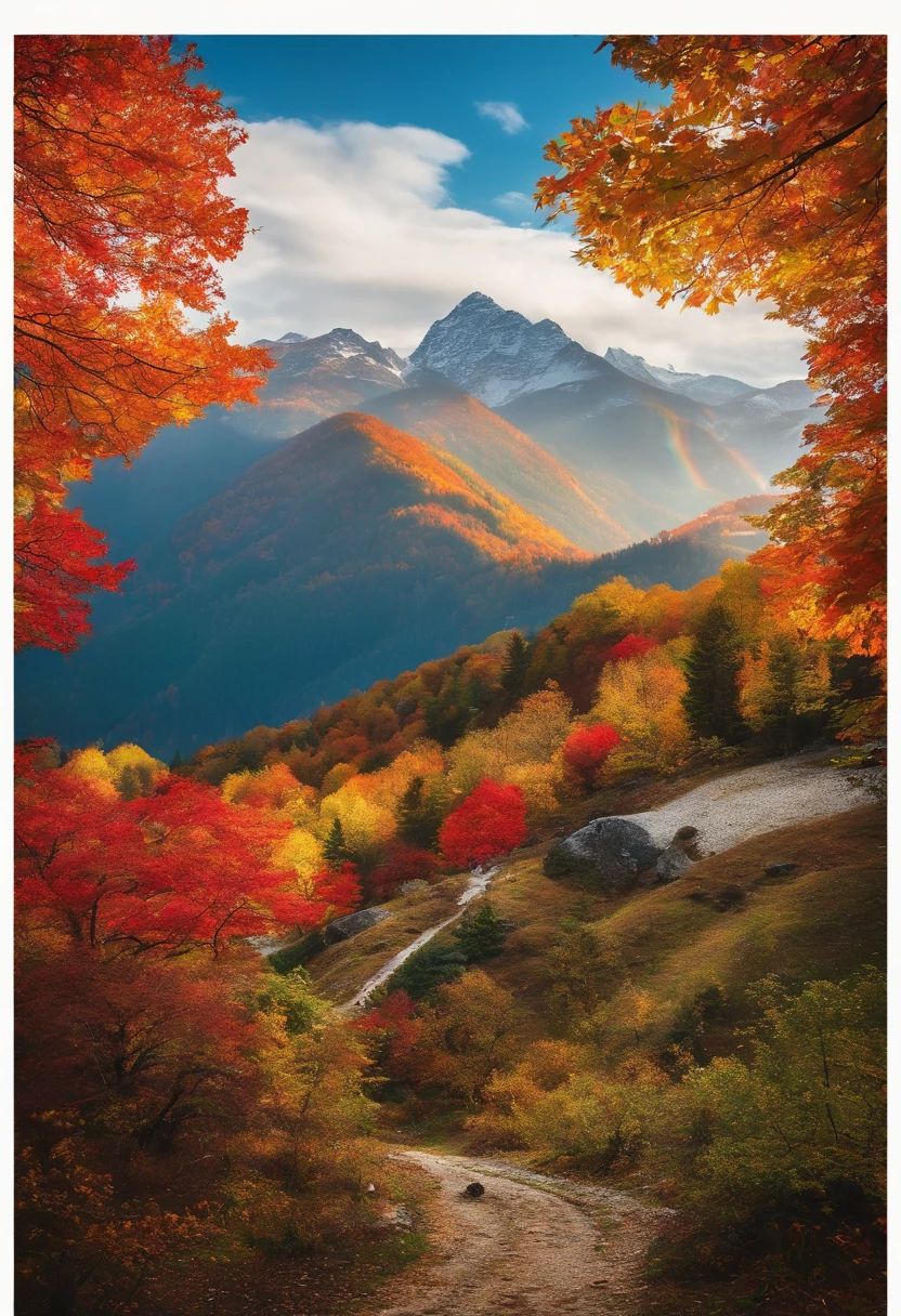 unknown mountain、Mysterious mountain、Mysterious mountain、suspicious mountain、Seven colored autumn leaves、Shining autumn leaves、Beautiful autumn leaves、Beautiful mountains、Dramatic、Rainbow clouds、