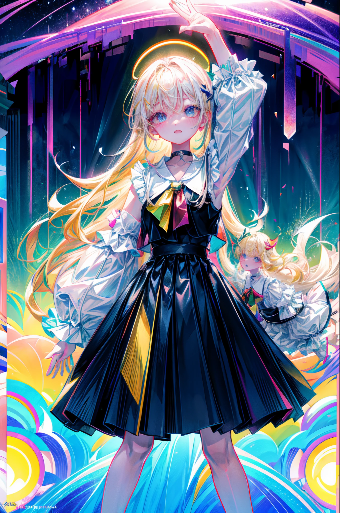 Rainbow on background、Irridescent color、colourfull、top-quality、超A high resolution、(Photorealsitic:1.4)、Female 1 Person、Sleeveless white buttoned shirt、Black skirt、Black Choker、cute little、(Kpop Idle)、(attractiveness:1)、(Platinum Blonde Hair:1)、((Puffy eyes))、Look at the viewer、full body Esbian、Facing the front