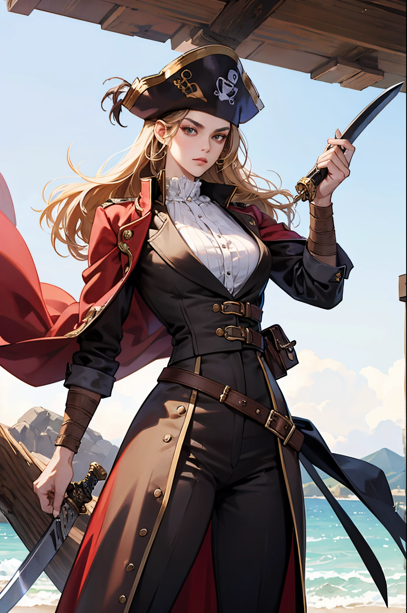 cool awesome swordman, royal looking, western style, female, pirate clothes