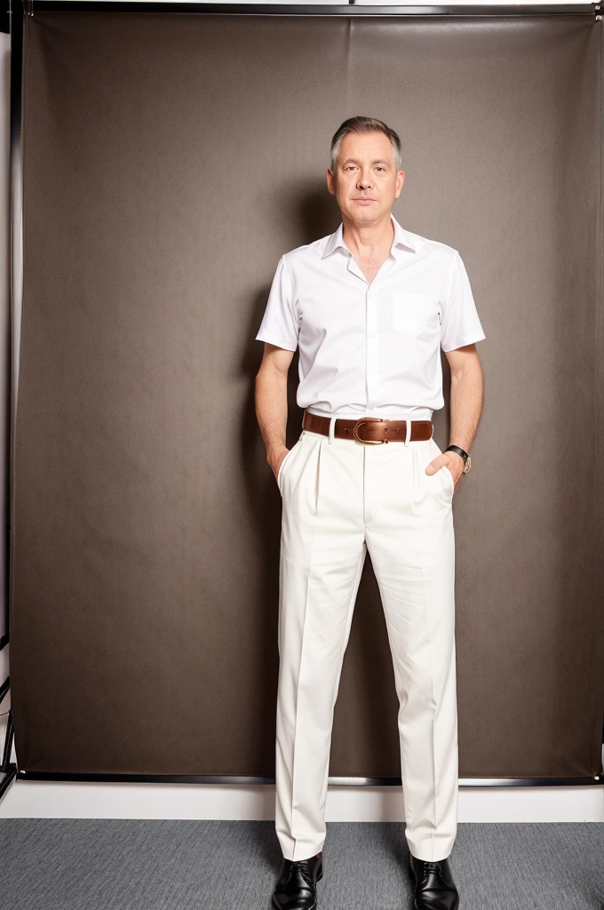 portrait of a father,wearing brown shirt,White vest,Black trousers,,White Europeans and Americans,brunette color hair,office backdrop,leather shoes,are standing,Designer belt。Film。Holding leather shoes