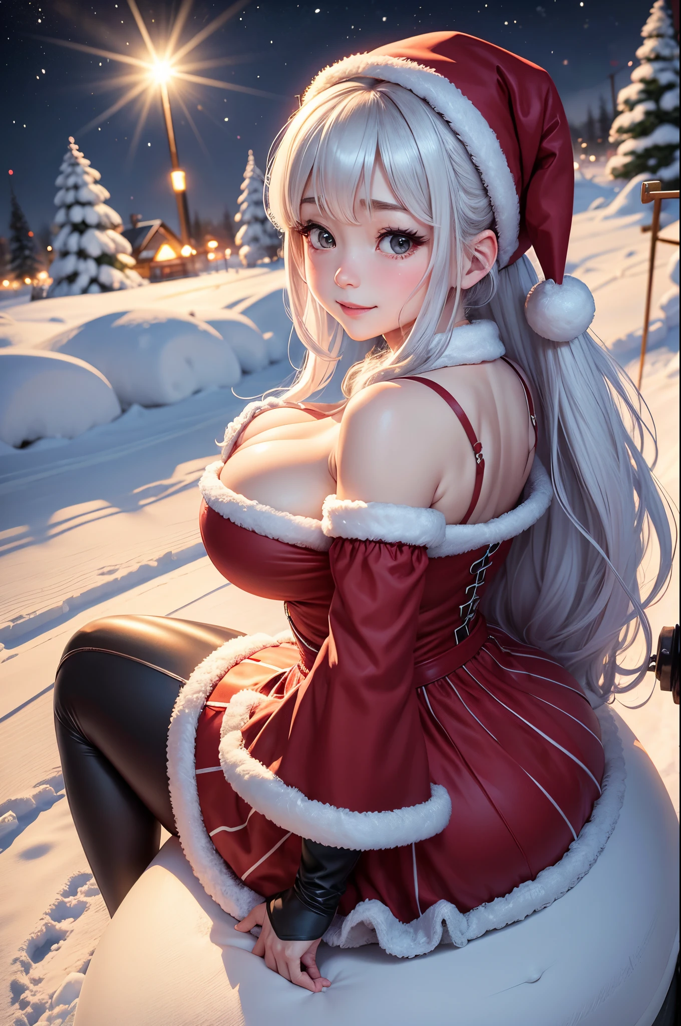 8K、Best Quality、Snowy night city、adult lady、poneyTail、delicated face、black eyes、Sareme、blushed face、red and white santa claus costume、Santa Claus hat、cleavage of the breast、Colossal tits:1.8、big butts:5.5、big breasts thin waist、Beautiful constriction、shinny skin、Facing up、Kamimei、Shy smile、Looking Up、独奏、1人、ride a sled、