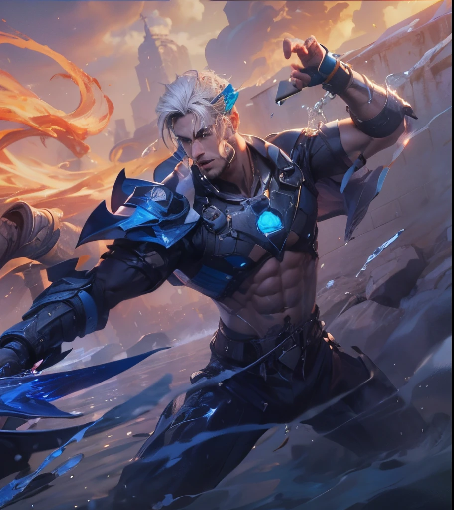 (max resolution: 1.2), (Ultra HDTV: 1.2), 8K resolution, Eye and skin details, detailed facial features, , (Sharp focus: 1, 2), ( Accurate focus) facial expressions: 1,2), 1 male is standing, 25-30 years old, (middle-aged)Barbate, (White hair), (Shirtless), Shirtless, Perfect muscles, 8 pack, (light sweat, white fluid, splashing all over the body), (Black briefs), Blue sky, Tree mortar, Transplant, ((Little drops of water on 8-pack abs)), (((water, water))), splashed all over his face, splashed all over his abs, splashed all over his body, his face turned red from embarrassment