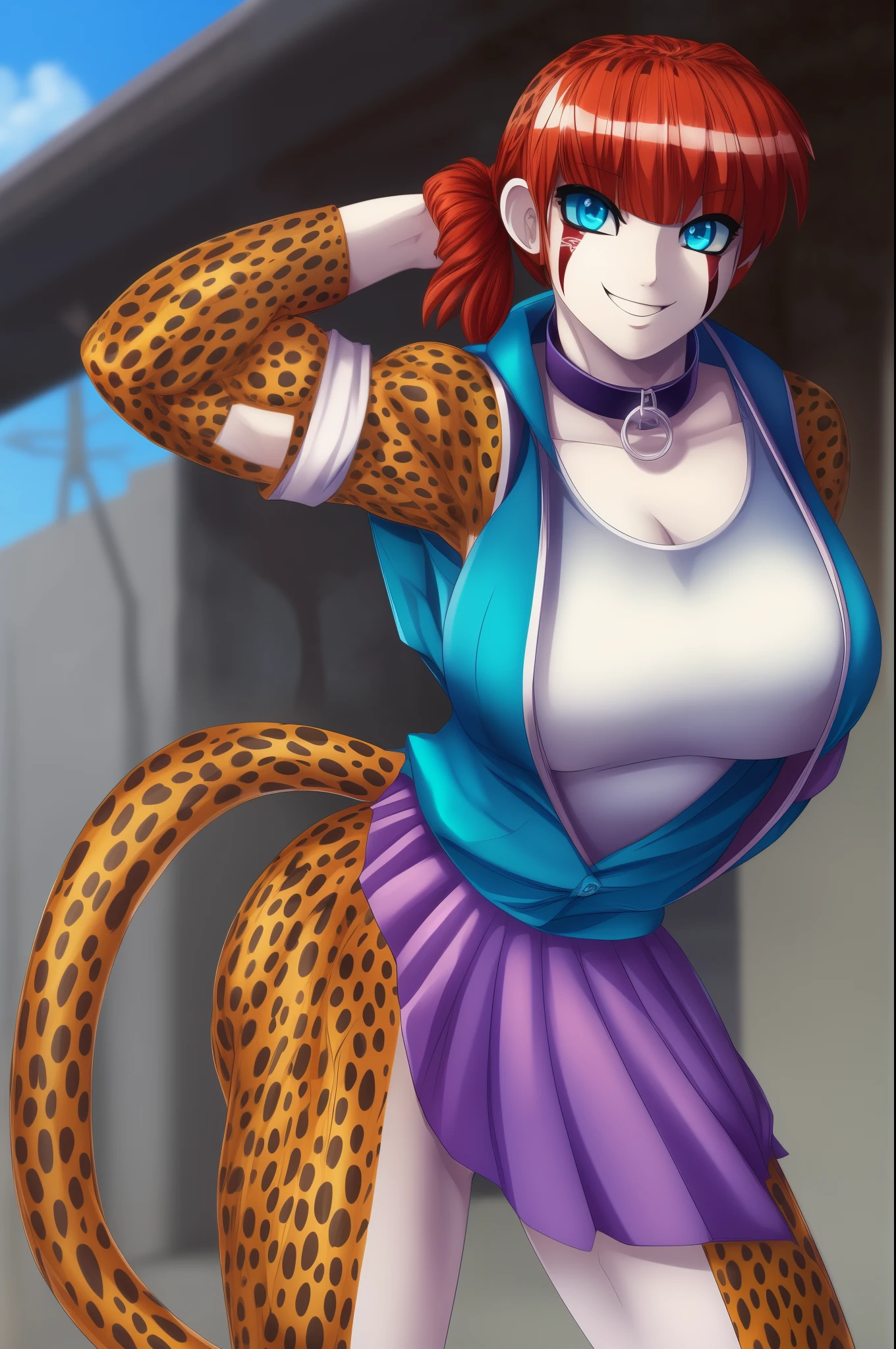 {{masterpiece}},{{best quality}},{{high resolution}},{{caustics}},{{detailed}}, Britanny Digger,short_hair, large breasts, bangs,smile, single tail, cheetah tail, ((Tail in correct position)), ponytail, looking at viewer, solo curvy ((muscular)), blue eyes, green sclera, white human face, black eye marks, japanese SCHOOL UNIFORM, SERAFUKU, black SAILOR COLLAR, standing,smile