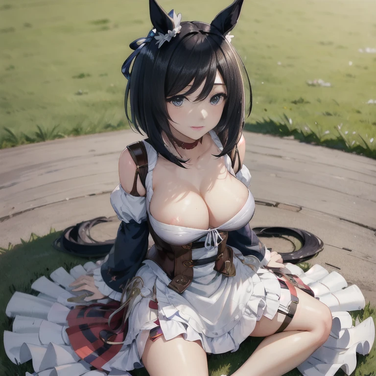 (masterpiece:1.2), (best qualtiy:1.2), Perfect Lighting,Uma Musume eishin flash, Colossal tits,Breast exposure:1.3、Exposure of nipples:1.3、fullnude,Sit cross-legged、exposure of the cervix、lawn