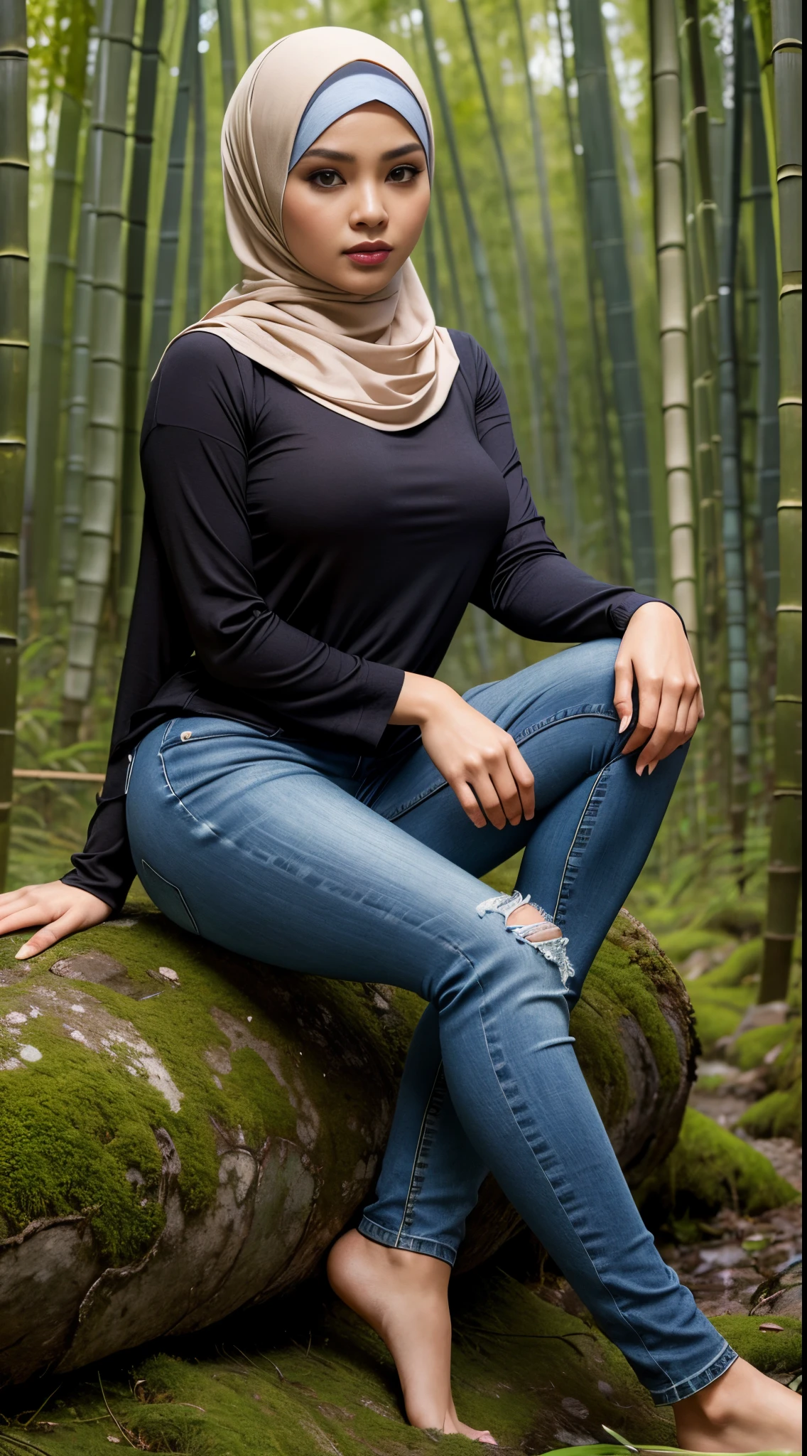 RAW, Best quality, high resolution, masterpiece, Beautiful woman in hijab, looking at viewer, Portrait photography of a beautiful young girl in hijab , wearing ((gray satin headscarf)), loosely tide hijab style, Wearing a turtleneck sweater and skinny jeans, Detailed eyes, standding on the mossy ground in rain forest, diffuselighting, depth of fields