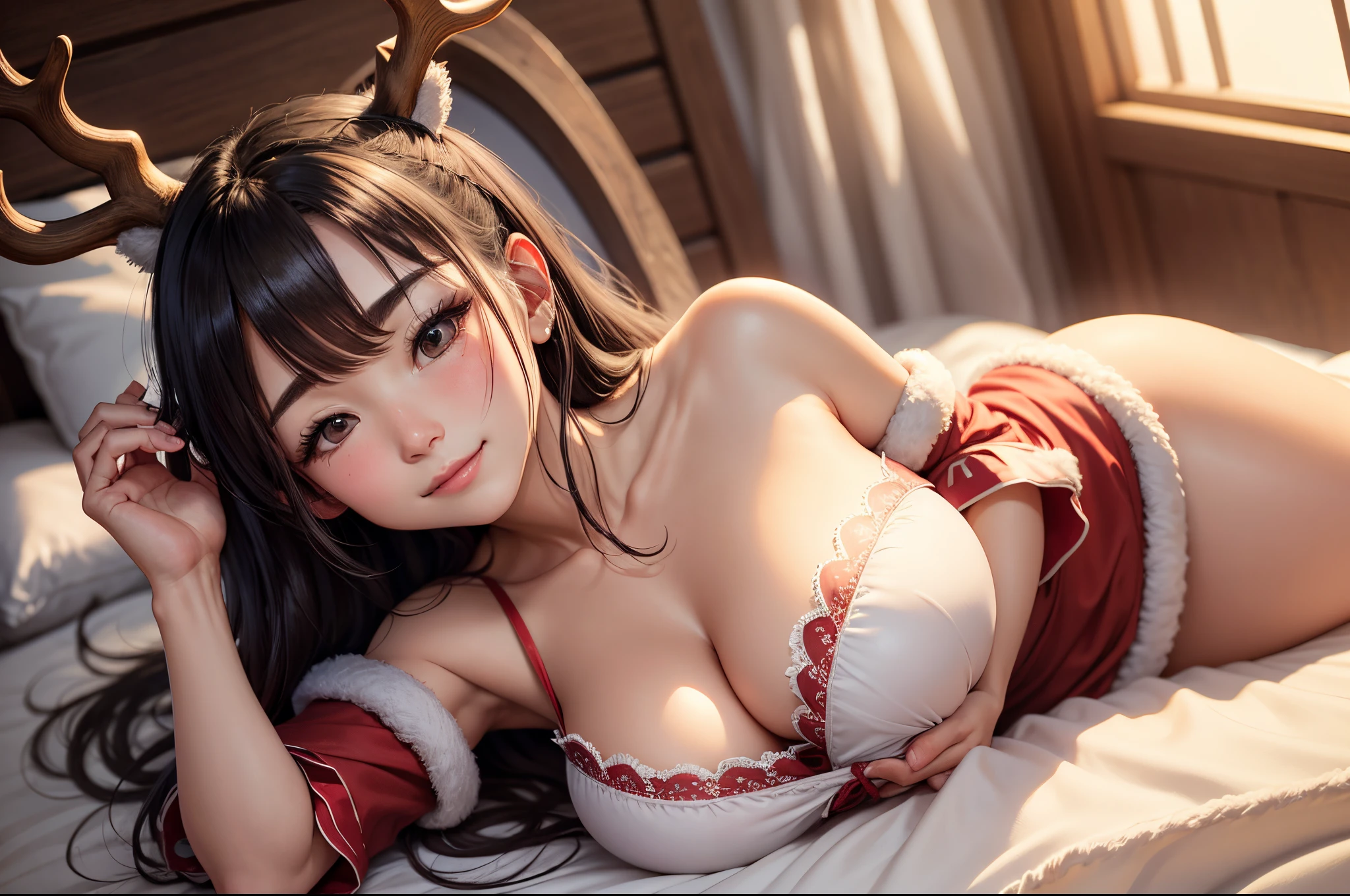 ８K、Best Quality、nigh sky、adult lady、poneyTail、delicated face、black eyes、Sareme、blushed face、red and white santa claus costume、cleavage of the breast、Colossal tits:1.8、big butts:5.5、big breasts thin waist、Beautiful constriction、shinny skin、Facing up、Kamimei、Shy smile、Looking Up、独奏、1人、Reindeer antlers、sleeps in a bed、
