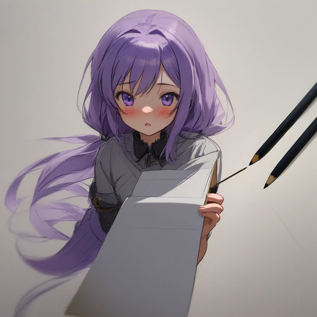 girl with animesque purple base 2D handwriting pencil draft