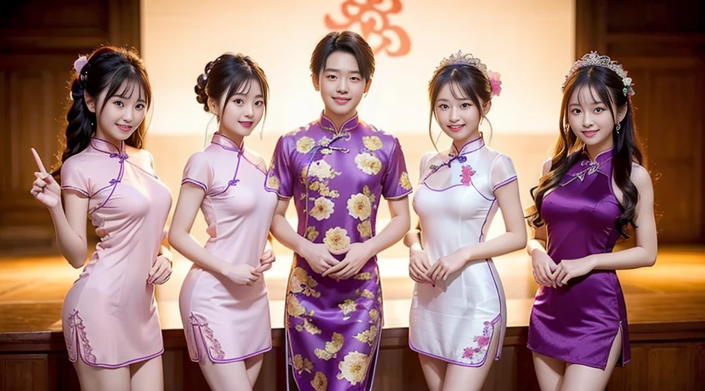 (Super Best Quality、超高分辨率、8k)、Beautiful Women in Perfect Figure:1.4、、brunette color hair、((Purple cheongsam))、(((((without background))))、kawaii、extremely detailed face and skin、Detailed eyes、二重まぶた、lean legs、The best smile、(((1One guy)))、(Raise your index finger with your left hand)、((The whole body is in the audience))、The best smile、phenomenal beauty、Age is16years old、facing the front there、proporções perfeitas、(Dragon pattern cheongsam)、Widen the slit、hairlength、Long seams、pantiess