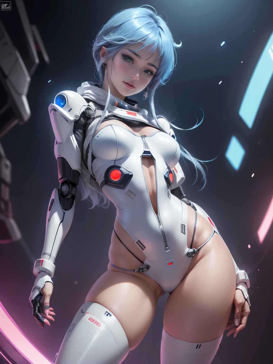 Yukime, mujer de la nieve en el mundo de evangelio, Rayas azules medias y blancas, ((La mejor calidad)), ((Obra maestra)), (Detallado: 1.4), Piloto robot mujer cuerpo musculoso definido, Neon Evangelion Style, muslos desnudos medio gruesos, boca cerrada, sexy robotic panties, muscular body parts covered by technological clothing, (((senos medianos)) Perfecto, Escote generoso, ((Ropa de rayas celestes y blancas)), argentina, tonos pastel, (((Mechanical-arm))), airplane wings on the back,  cabello azul cielo con mechones, Ropa interior corta, liguero, por mucha, niji --V5, cerca de real, La mejor calidad, casi desnudo, psycho, cara sonrojada, feliz, pose sexy, Psychedelic background, Ropa de 2 piezas, dibujos de sol de la bandera de argentina, cyberpunk, Sujetador azul oscuro con el sol, (((clothing with robotic thong and lights ))),  hombreras puntiagudas, ojos azules sin pupilas, HDR (High Dymanic Range),Trazado de rayos,NVIDIA RTX,Super-Resolution,Irreal 5,Subsurface dispersion, Textura PBR, Post-procesamiento, Anisotropic filtering, Profundidad de campo, Maximum clarity and sharpness, Texturas multicapa, Albedo y mapas especulares, Sombreado de superficies, Accurate simulation of light-material interaction, proporciones Perfectoas, Renderizado de octanaje, two-color illumination, Amplia apertura, ISO bajo,  balance de blancos, Regla de los tercios, 8K RAW, crysisnanosuit