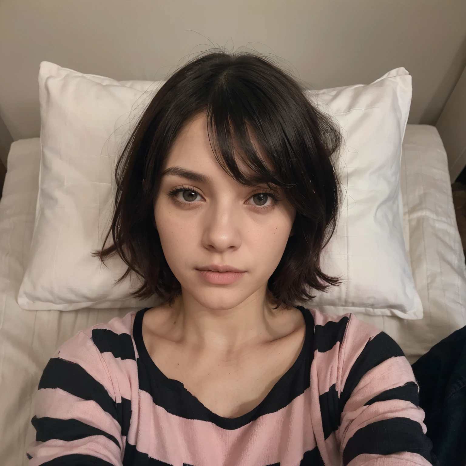 Mujer, pale-skin, ((cabello negro corte BOB)), square jaw. Foto selfie. ((Escenario nocturno)). Pijama. ((Encuadre 2/3)). ((Totalmente acostada en cama)). ((Cabeza en una almohada rosa)).