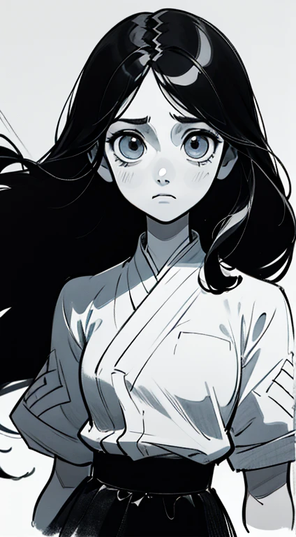 A woman with long black hair, black skirt, black background, sadness, depression, expressionless, bust shot, upper body close-up, rough expressive lines, expressive lines, dark lines, dense lines, intense line work, masterpiece, best quality, super fine, extremely delicate and beautiful, black and white manga, black and white line drawing, inspired by dandadan, art style of dandadan, hand-drawn, character focus, extremely fine,