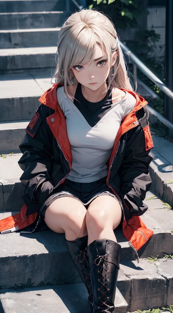 (((8k wallpaper of extremely detailed CG unit:1.2, masterpiece, hight resolution:1.2, top-quality:1.2, masutepiece))), ((a very beautiful woman, Hands in pockets:1.8, sad Facial expression, Street fashion:1.2, wearing a colorful jacket, Wearing boots, Woman sitting on stairs:1.3, foot out of frame:1.5)), ((extra detailed face, Highly detailed black eyes, extra detailed body, Top quality real texture skins)), (silber hair:1.3, straight haired:1.2, Red Eye Shadow, de pele branca, Small, exposed shoulder), ((Empty alley, Mileland. natta, Neon Street)), high-angle, a closeup, hyper realisitic, digitial painting,
