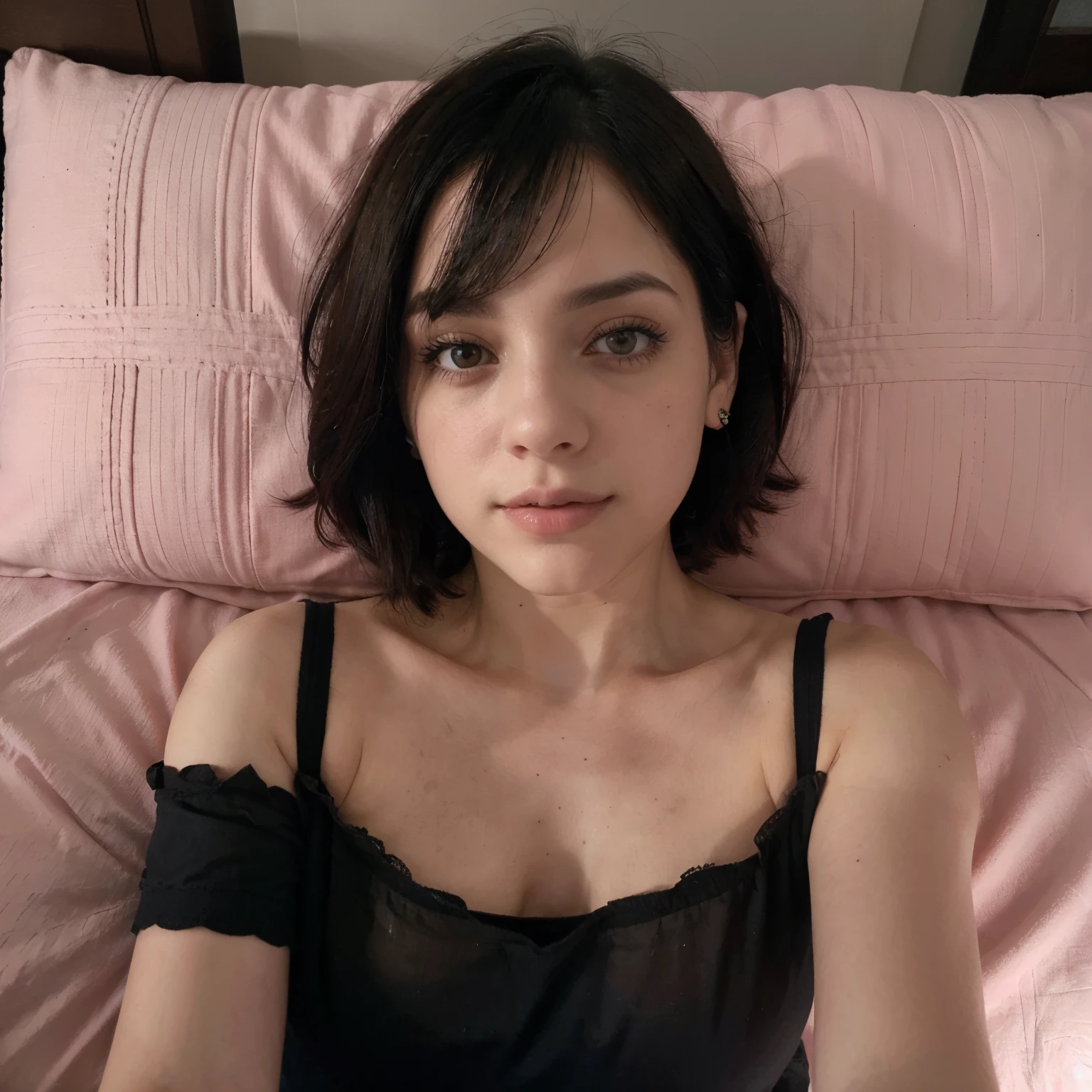 1 Cute Girl Crying, short black hair, pale skin, black cat pajamas, selfie crying lying down, sad