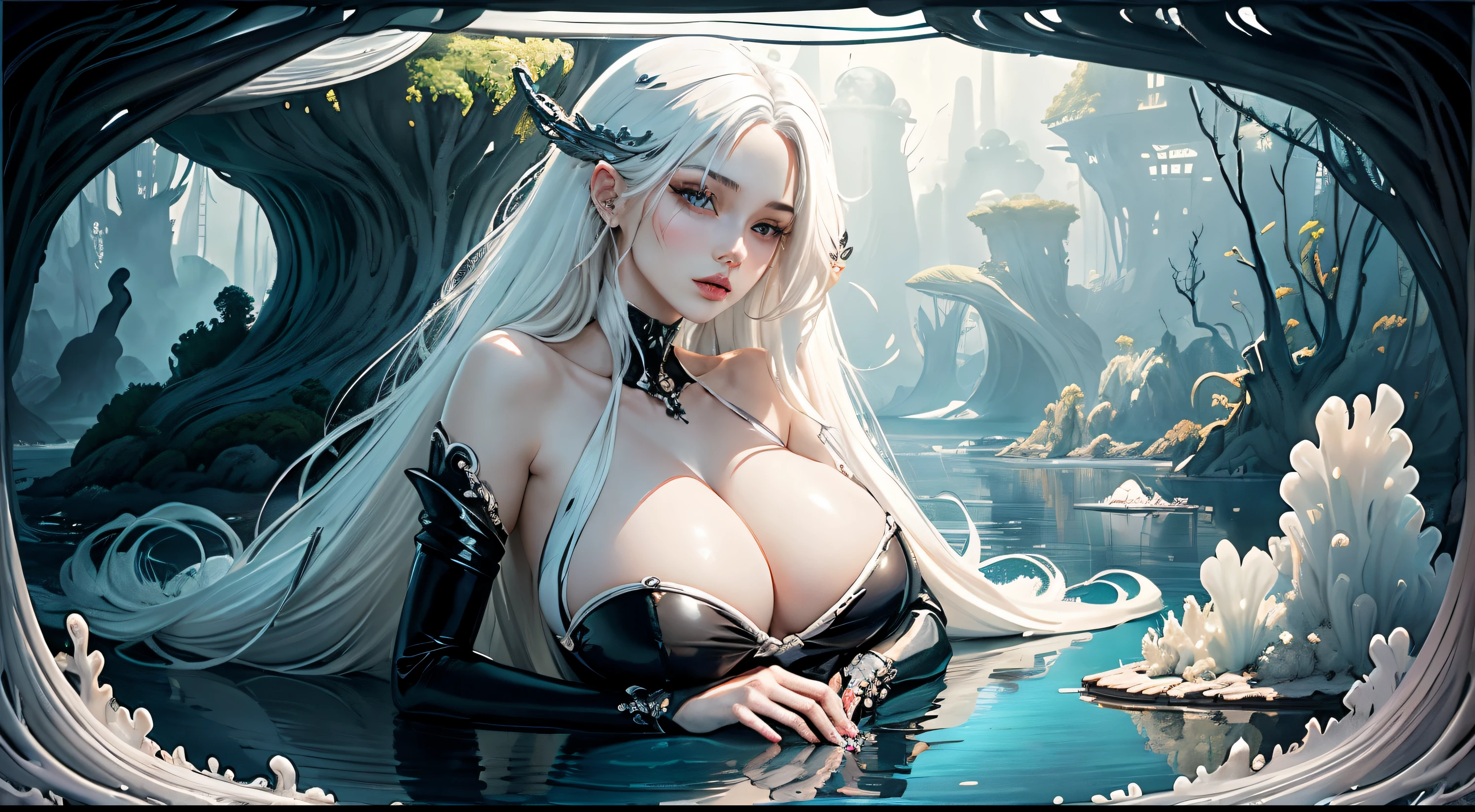 (jellyfishforest:1.4), (Best quality at best:1.4), (tmasterpiece:1.2), (Complicated details), Low color contrast, (panoramicshooting, scenecy, The landscape:1.5),view over city, skyscrapper, Permanent, Best photo poses, wearing a string, Delicate skin texture, Slim, charming body, shapely body, gigantic cleavage breasts, (cparted lips), high-heels, (White hair, Very long hair:1.2),