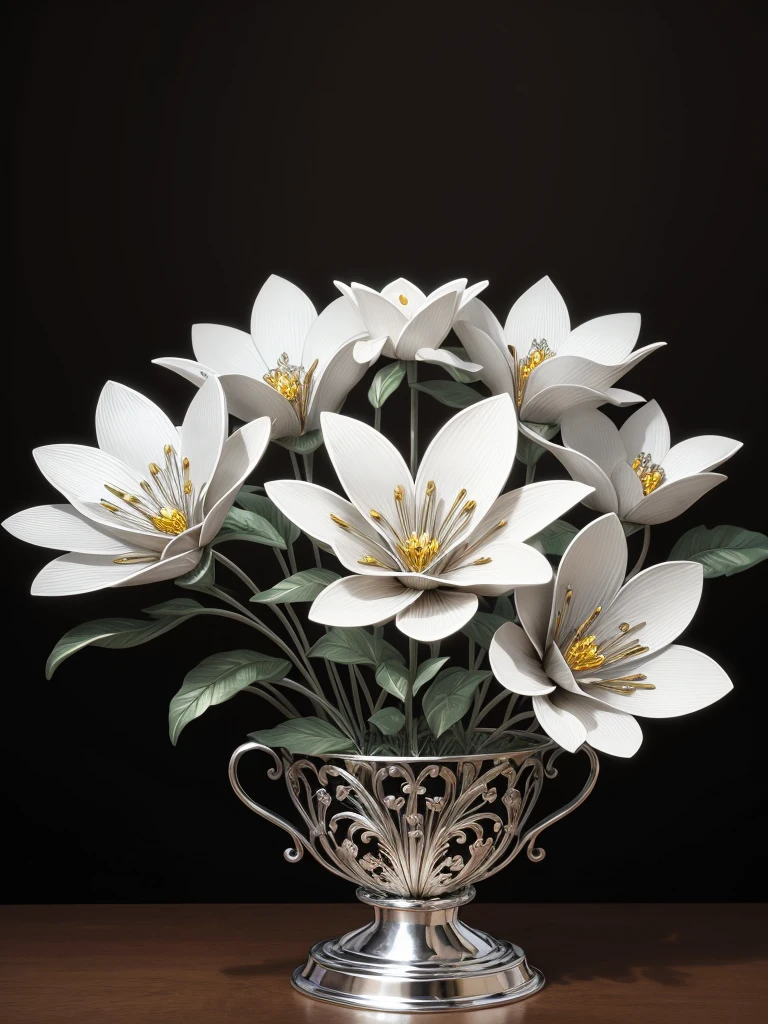 The Art of Metal, metal work, Metal flower carving, Metal Objects, Metallic flowers, composition of metal flowers, chrome, silver, gloss, glistering, super gloss, intricate detials, painting of metal flowers, higly detailed