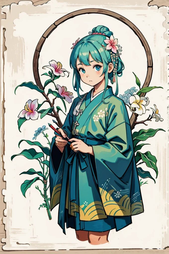 A two-dimensional little girl sitting on a wooden floor and drawing,Ancient ink paintings and ink pens are placed on the floor,cute and simple,Lingnan cyan ancient costume,Innocent,simple,There are frangipani patterns on the clothes,planar
