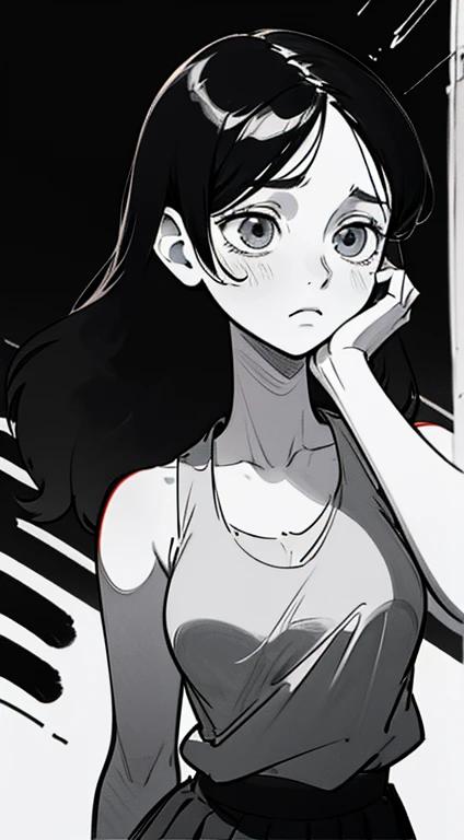 A woman with long black hair, white tank_top, black skirt, black background, sadness, depression, expressionless, bust shot, upper body close-up, rough expressive lines, expressive lines, dark lines, dense lines, intense line work, masterpiece, best quality, super fine, extremely delicate and beautiful, black and white manga, black and white line drawing, inspired by dandadan, art style of dandadan, hand-drawn, character focus, extremely fine,