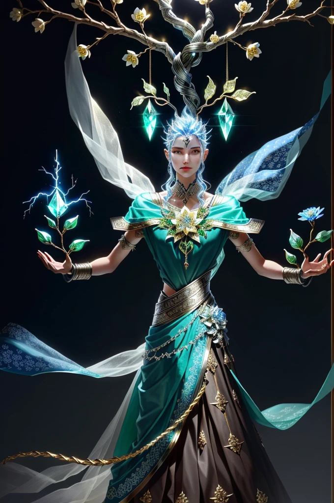 Crafts made from twisted alloy wire,gold flowers,Iron flower,Silver flower,metal tree branch,a crystal pendant,Emerald inlay,Carefully crafted,Perfect craftsmanship,Magic lightning background,blue lightning,There is fairy