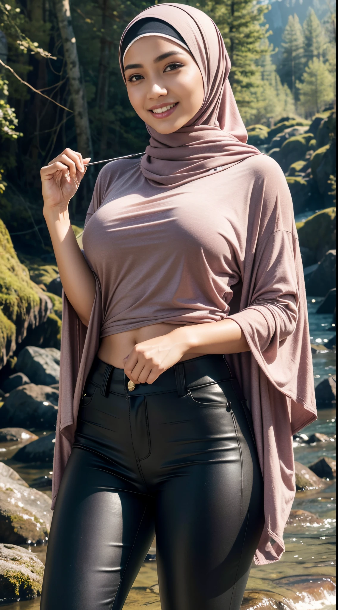 RAW, Best quality, high resolution, masterpiece: 1.3), beautiful Malay woman in hijab (iu:0.8),Best quality, high resolution, Masterpiece: 1.3, Beautiful hijabi malay girl, Masterpiece, Soft smile,Beautiful Malay women wear pastel color hijab, ((In the woods))((Clear stream deep in the dark mountains)),((Rock in the background)), bright sunshine, hiking clothes, pullover, long pants, highres,4k,HDR,1girl, photorealistic, realistic,sweat skin, wet clothes, wet body, big breast, ((full body))soaked, dripping, smiling at viewer, closeup