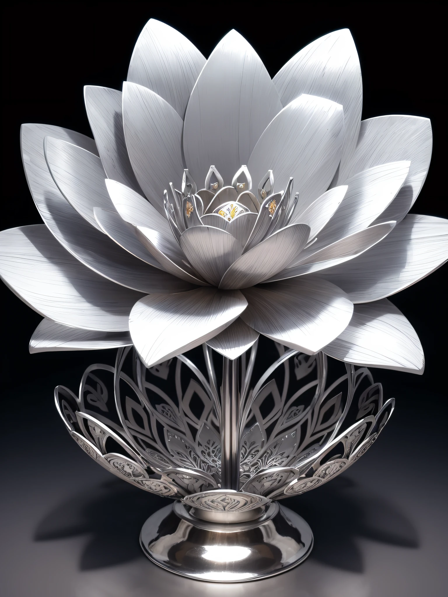 The Art of Metal, metal work, Metal flower carving, Metal Objects, Metallic flowers, composition of metal flowers, chrome, silver, white metal, gloss, glistering, intricate detials, metal panel