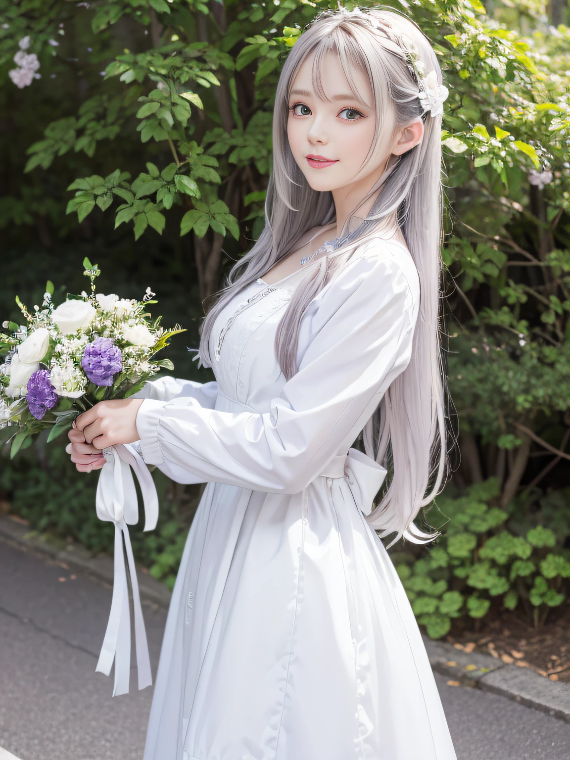 masutepiece, Superb Piece, Daytime, plein air, Falling flowers, White Dress, 1 girl, A perfect woman, Woman with silver and white long hair, gray blue eyes, pale pink lips, Cold, Serious, Bang, Purple eyes, White clothes, Black Closing Line, Delicate face, Exquisiteface, Standing Bow, tassels, Happiness knot, Smile