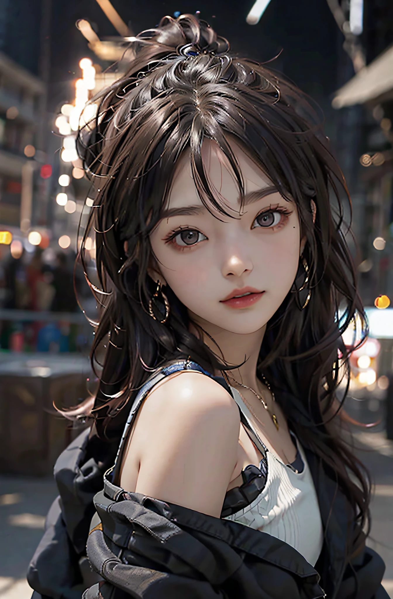 (masterpiece:1.2),(best quality:1.2), looking at viewer, curious face, gothic,
(shiny skin:1.2), (depth of field:1.2), cinematic, upper body,
outdoors, night, town, dress, wavy hair, long hair, side bang, fringe,