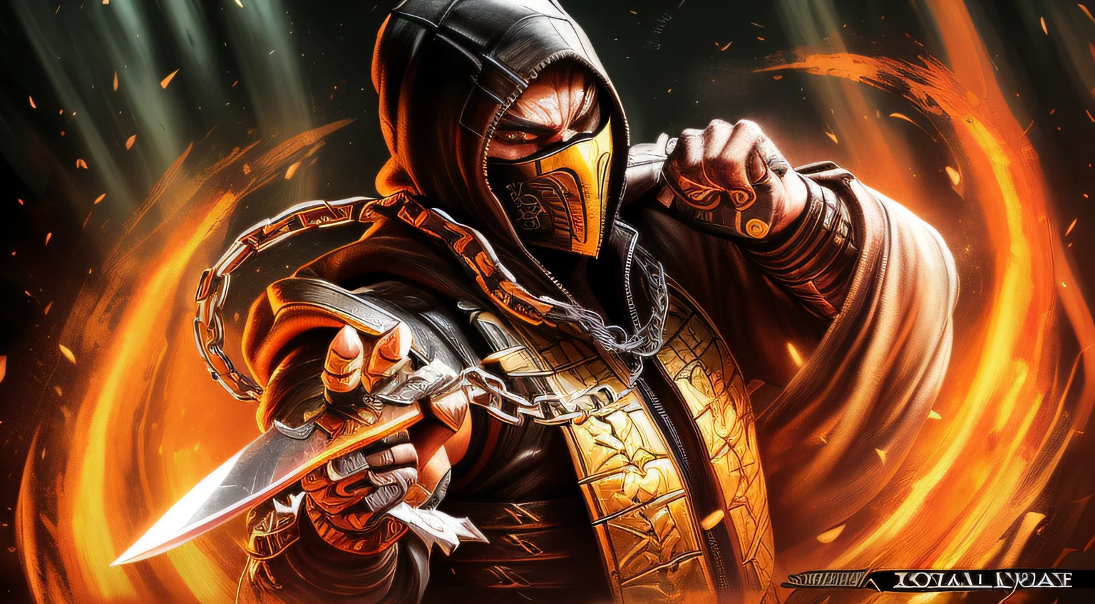 painting of a man in a hoodie holding a knife and a chain, scorpion from mortal kombat, in mortal kombat, style of mortal kombat, character from mortal kombat, mortal kombat, mk ninja, detailed game art illustration, game key art, epic video game art, scorpion, wallpaper 4 k, wallpaper 4k, fan art, wallpaper hd, mortal kombat 11