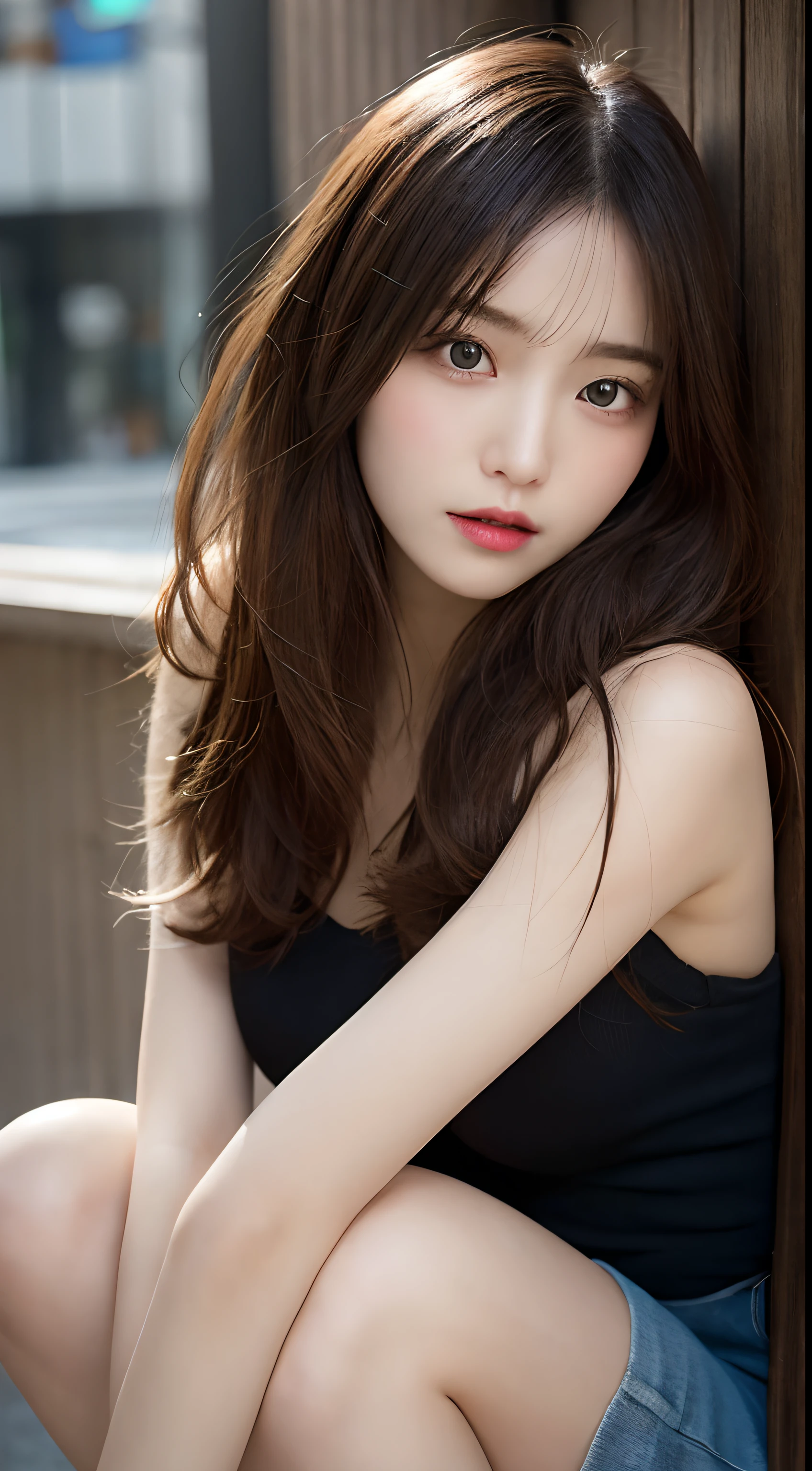 (Top Quality, 8k, Masterpiece: 1.3), She is a lovely woman with a perfect figure: 1.4, dark brown hair, angled from the waist up, sleeping in a bedroom, very detailed face and skin, fine eyes, double eyelids, puffy eyes, detailed eyes, bangs, hotel room with a night view, rain outside window, rain drops on window drops on it.