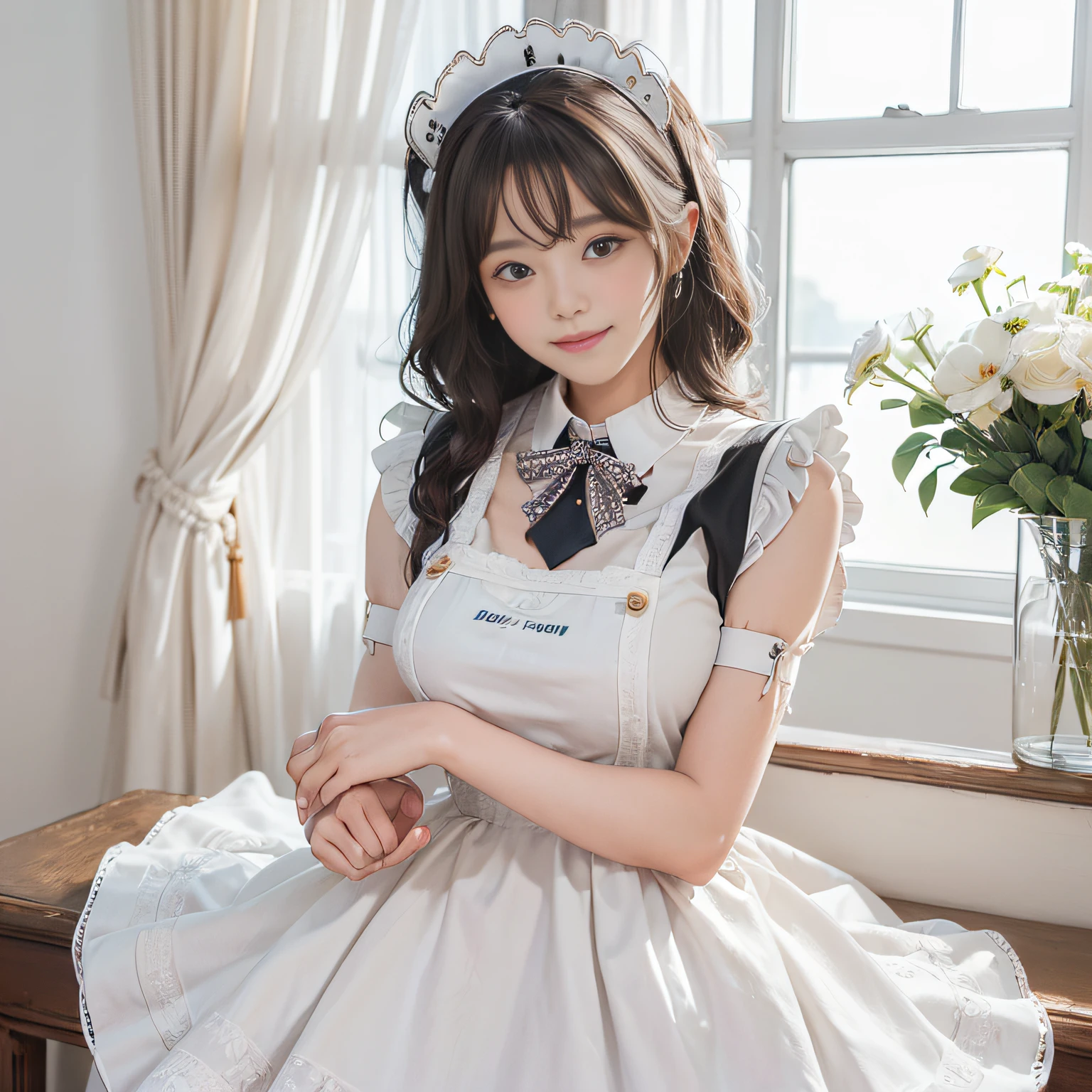 ((Beautiful maid:1.5),High resolution, of the highest quality),Wearing a maid's uniform,Soft hands, Big bright eyes, dark and bright curled hair, Sweet smile, rosy cheeks, Soft light, Pure white background.