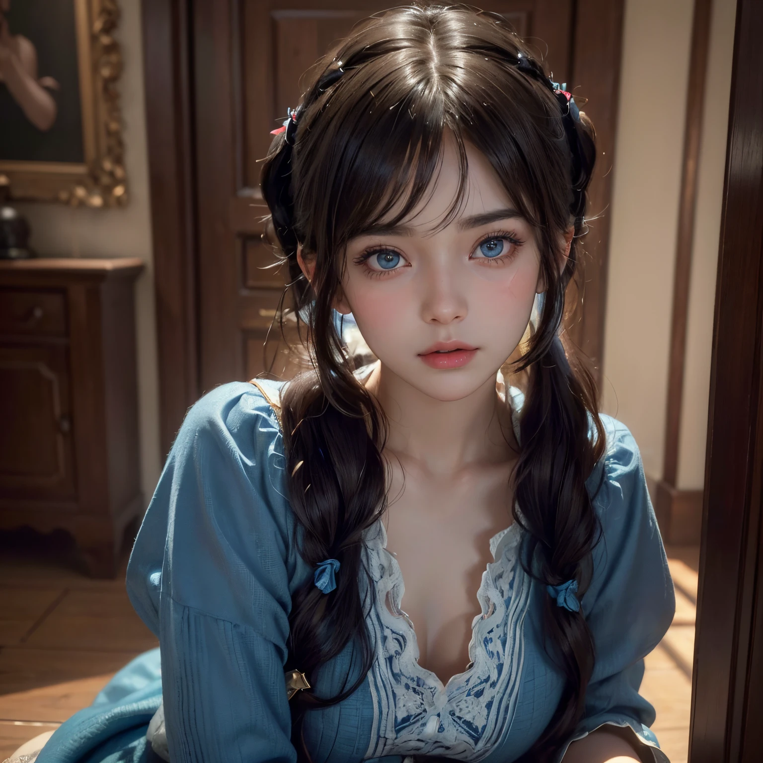 (Closer portrait) 1beautiful girl, dark brown hair with bangs, two pigtails, azure blue wide eyes, rosy cheeks, in door, intricate ornaments, realistic, dynamic poses, tranquil, indoor, cinematic lighting, trending on ArtStation, by Irakli Nadar, Greg Rutkowski,(((best quality))),(((ultra detailed))),(((masterpiece)))