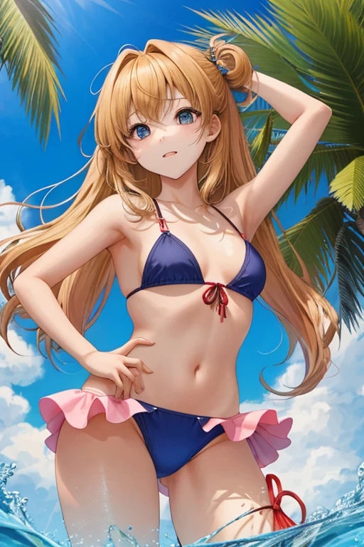  girl wears micro bikini、Small breasts、Eyes are impressive、Her hair is golden and semi-long、Her swimsuit comes off and her breasts are visible.、Hand bra、