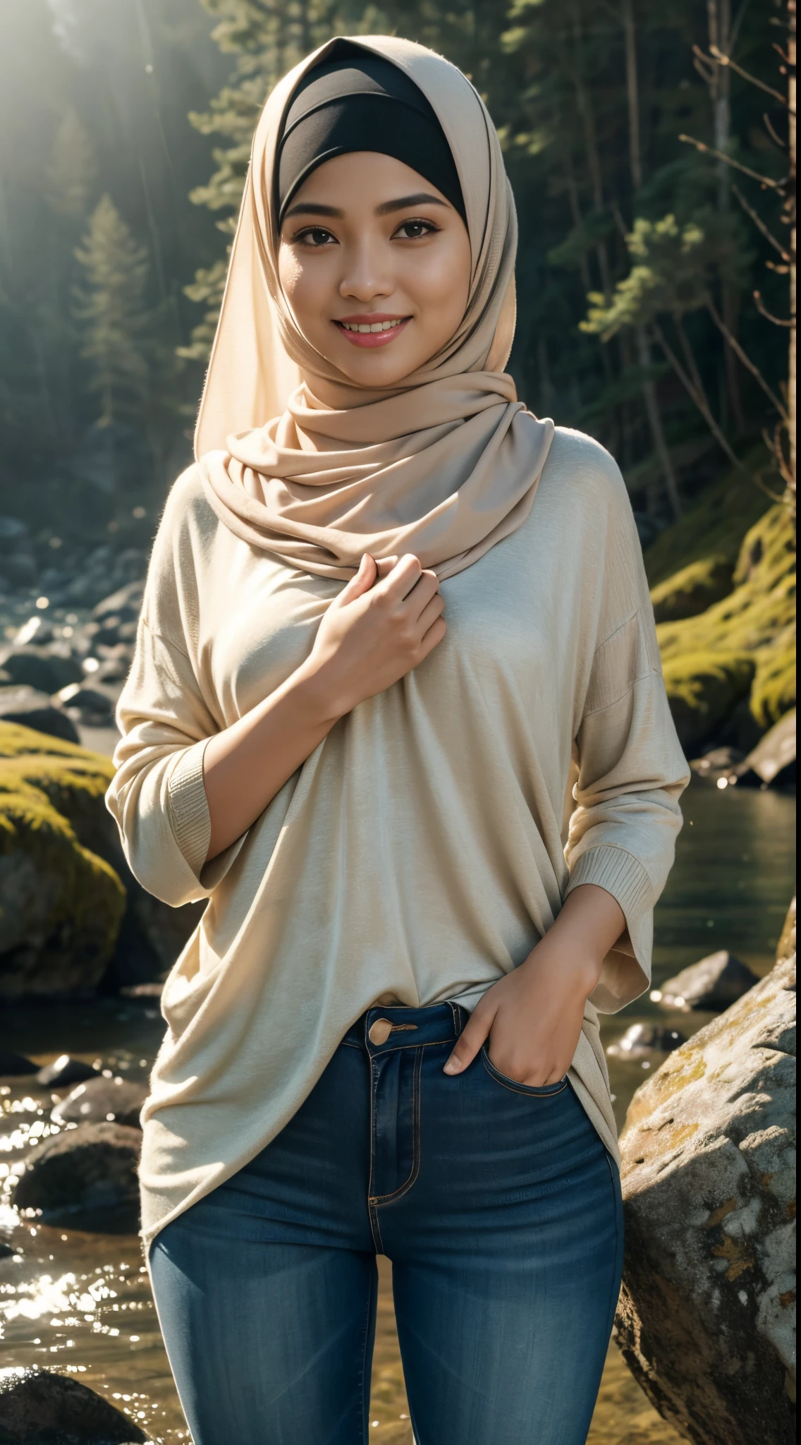 RAW, Best quality, high resolution, masterpiece: 1.3), beautiful Malay woman in hijab (iu:0.8),Best quality, high resolution, Masterpiece: 1.3, Beautiful  hijabi malay girl, Masterpiece, Soft smile,Beautiful Malay women wear pastel color hijab, ((In the woods))((Clear stream deep in the dark mountains)),((Rock in the background)),  bright sunshine, hiking clothes, pullover, long pants, highres,4k,HDR,1girl, photorealistic, realistic,sweat skin, wet clothes, wet body, big breast, ((full body))soaked, dripping, smiling at viewer, closeup