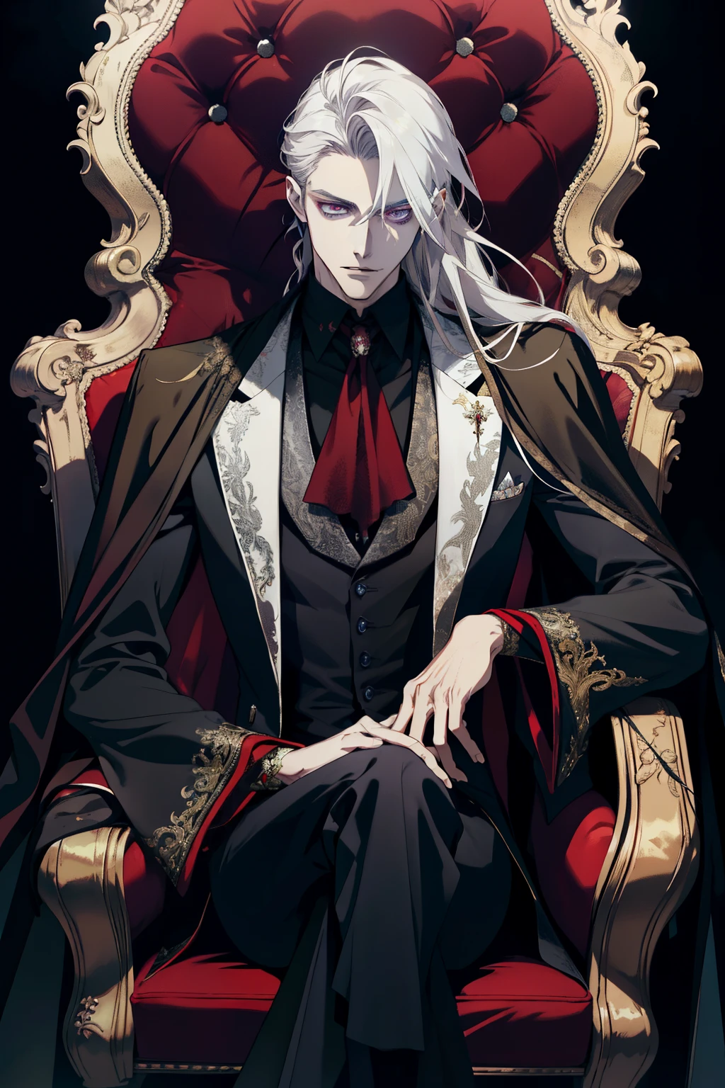 (absurd, high resolution, ultra detailed), 1 man, adult, handsome, tall and muscular boy, broad shoulders, finely detailed eyes and detailed face, long blonde hair, red colored eyes, fantasy, magnificent background,shadow effect, throne, effect, flame anime guy with long white hair and purple eyes wearing a black suit, handsome male vampire, beautiful androgynous prince, delicate androgynous prince, male vampire of clan banu haqim, handsome drow, male vampire, ((wearing aristocrat robe)), androgynous vampire, alucard, he has dark grey hairs