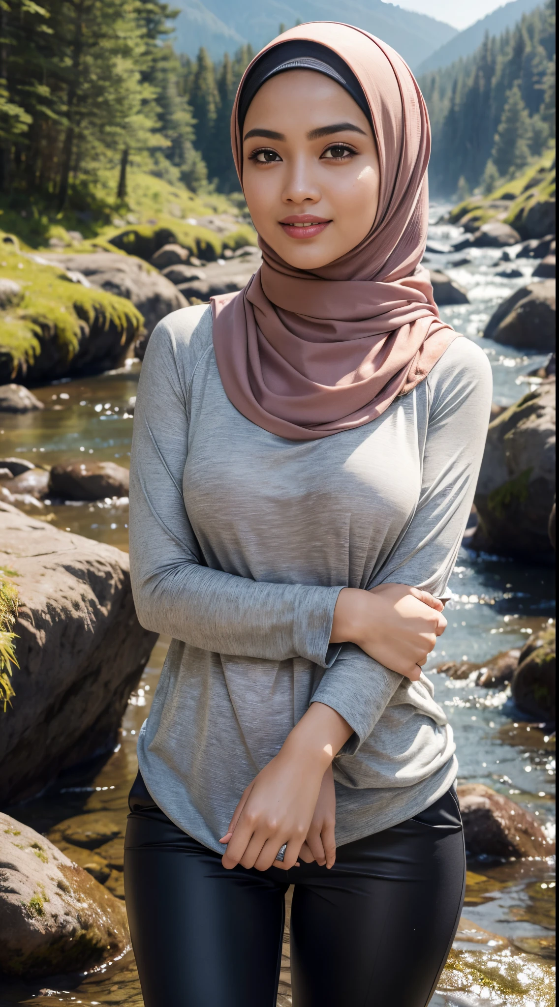 RAW, Best quality, high resolution, masterpiece: 1.3), beautiful Malay woman in hijab (iu:0.8),Best quality, high resolution, Masterpiece: 1.3, Beautiful  hijabi malay girl, Masterpiece, Soft smile,Beautiful Malay women wear pastel color hijab at waterfall, bright sunshine, hiking clothes, pullover, long pants, highres,4k,HDR,1girl, photorealistic, realistic,sweat skin, wet clothes, wet body, big breast, ((full body))soaked, dripping, smiling at viewer, closeup